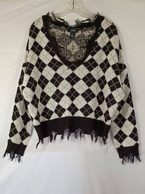 Just Polly New York Fringe Black And White Argyle Crop Sweater Women's Size XL